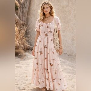 D05. Floral Pink Embroidered Maxi Dress